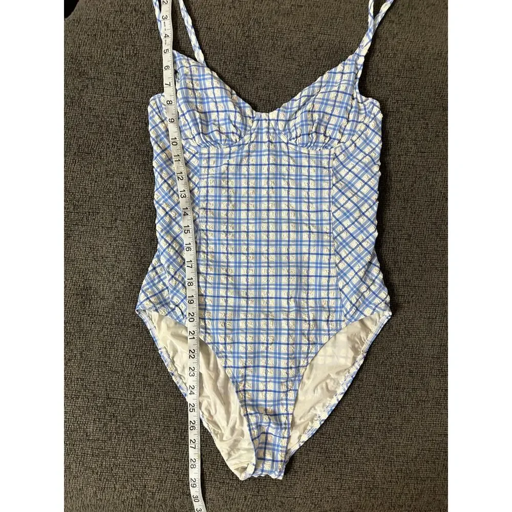 Tory Burch Check Plaid Gingham Swimsuit size M Underwire Blue White Seersucker